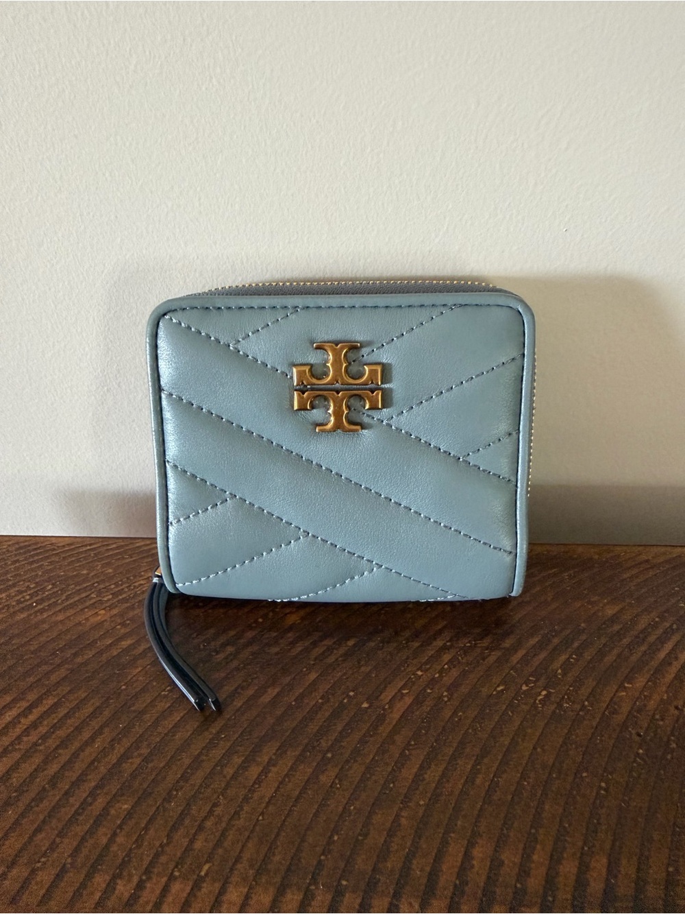 Tory Burch Small Quilted Zip Wallet in Light Blue with Gold Logo